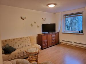 a living room with a couch and a flat screen tv at Apartament 7 Bystrzycka - Bliżej Zdroju in Polanica-Zdrój