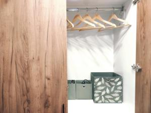Zimmer mit einem Schrank und einer Holztür in der Unterkunft GREEN ART STUDIO OLD TOWN in Bukarest