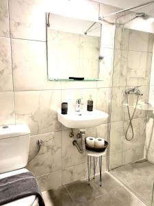 W łazience znajduje się umywalka i prysznic. w obiekcie Mani Spot w mieście Areopolis