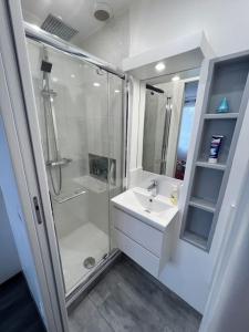 baño blanco con ducha y lavamanos en Appart de Luxe tout confort jusqu a 4 personnes, en Triel-sur-Seine