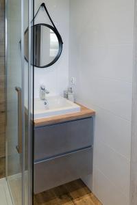 a bathroom with a sink and a mirror at Hortensja in Wilków