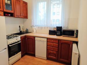 a kitchen with wooden cabinets and a counter top at Holiday flat, Swinoujscie in Świnoujście