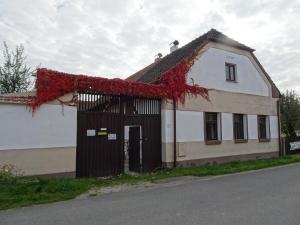 una casa bianca con l'edera rossa sul tetto di chalupa U Hovorků s bazénem - u pískoven Vlkov a Veselí nad Lužnicí