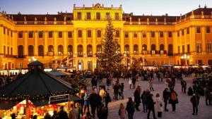 un grupo de personas caminando delante de un edificio con un árbol de Navidad en Nice apartment between Schönbrunn and Karlsplatz, en Viena