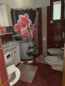 un bagno con doccia con fiori rosa sulla tenda della doccia di Apartman Edi a Nin
