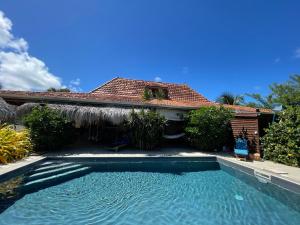 a swimming pool in front of a house at Papeth House in Le François