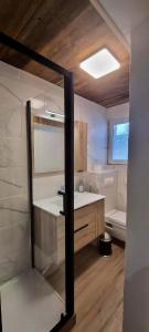 uma casa de banho com um lavatório e um WC. em Logement à Megève avec Jardin em Megève