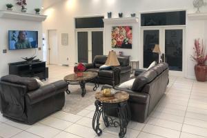 a living room with leather furniture and a flat screen tv at Unique Pet-Friendly Dover Home with Skylight in Dover