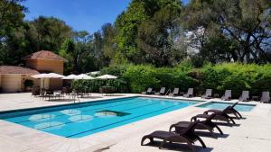 a swimming pool with chairs and umbrellas in front at Hotel Real Home in Tula de Allende