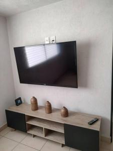 a flat screen tv hanging on a wall with vases at Excelente Departamento céntrico. in Guadalajara