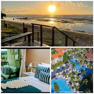 eine Collage mit Fotos von einem Strand und dem Sonnenuntergang in der Unterkunft Porto de Galinhas Resort Marulhos in Porto De Galinhas