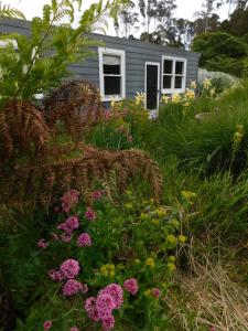 a garden with flowers in front of a house at The Gardener's Cottage on Warrentinna in Branxholm
