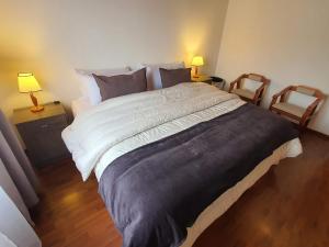 een groot bed in een slaapkamer met 2 stoelen bij JM Departamento Hermoso 4 in Ushuaia