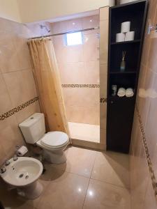 een badkamer met een toilet, een douche en een wastafel bij JM Departamento Hermoso 4 in Ushuaia
