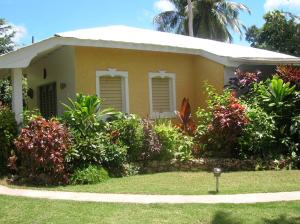 a small yellow house with flowers and plants at Casa Por Que No in Las Galeras