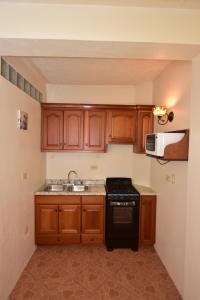 a kitchen with wooden cabinets and a sink and a microwave at Harada Inn and Suites in Hopkins