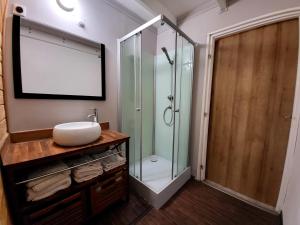 La salle de bains est pourvue d'une douche en verre et d'un lavabo. dans l'établissement Tiny House Chaleureuse au Style Contemporain Minimaliste, à Le Tampon