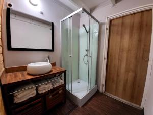 a bathroom with a glass shower and a sink at Tiny House Chaleureuse au Style Contemporain Minimaliste in Le Tampon