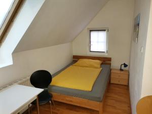 Habitación pequeña con cama y escritorio. en Pension Prem en Kapfenberg