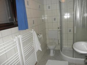 a bathroom with a toilet and a sink and a shower at Holiday Home Čumar in Cerkno +18 photos