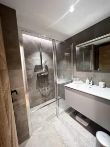 y baño con ducha, aseo y lavamanos. en Les Chamois D’Arbois, Mont D’Arbois, Megève en Megève