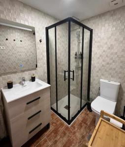 een badkamer met een douche en een wit toilet bij Apto Málaga centro histórico Parking Priv Gratuito in Málaga
