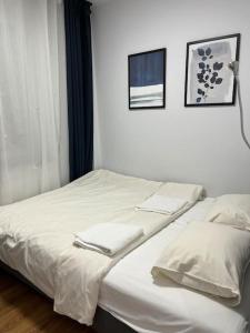 ヴロツワフにあるKomfortowe apartamenty w centrum Wrocławiaのベッド2台(白いシーツ、タオル付)