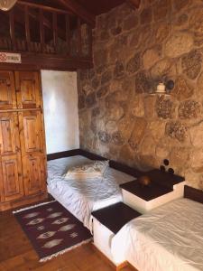 a bedroom with two beds and a stone wall at Helydorea zen in Synikia Mesi Trikalon