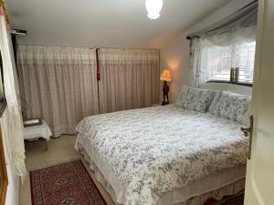 a bedroom with a bed and a lamp and a window at Shelly's Home Boutique Apartments in Ramat Gan