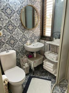 a bathroom with a toilet and a sink and a mirror at Shelly's Home Boutique Apartments in Ramat Gan