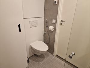 a bathroom with a toilet and a shower stall at New Center Sity Home in Kuopio