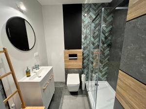 a bathroom with a toilet and a sink and a mirror at Lasosfera Lasówka in Lasowka +43 photos
