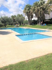 an empty swimming pool in a park with palm trees at Beautiful 2 Bed Apartment on Villamartin Plaza in Villacosta