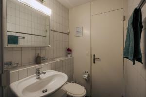 La salle de bains est pourvue d'un lavabo, de toilettes et d'un miroir. dans l'établissement Gemütliches Studio im Stadtzentrum, à Biel