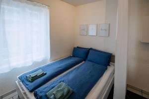 um quarto com uma cama com almofadas azuis e uma janela em Gemütliches Studio im Stadtzentrum em Biel