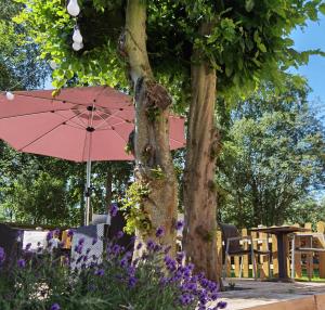 a pink umbrella in a garden with purple flowers at Glamping UNIVERSE in Ettelgem