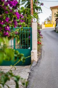ein grünes Tor an der Seite einer Straße mit Blumen in der Unterkunft Chic & Spacious House in Rodia Heraklion in Iraklio