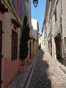 an alley with a tree in a pot on a street at Studio Hyères Médiéval in Hyères