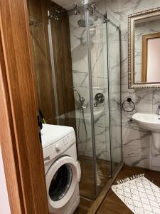 a bathroom with a washing machine and a shower at Borovets Gardens one bedroom apartment in Borovets