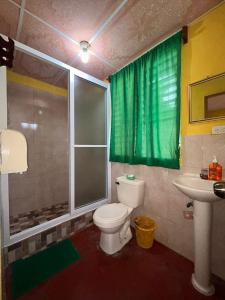 a bathroom with a toilet and a shower and a sink at Casa Maya Itza in Flores