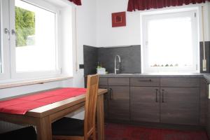 a kitchen with a wooden table and two windows at Erwachsenen Aparthotel Naturidyll - Der Wieserhof in Bad Füssing