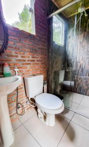 a bathroom with a toilet and a sink and a brick wall at Cabana na Floresta Rincão do Fortaleza in Cambará