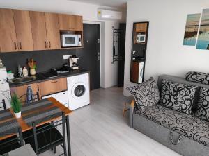 a living room and kitchen with a couch and a table at Borics Apartman in Balatonföldvár