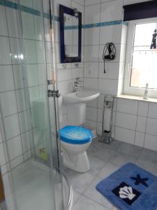 グレートジールにあるFerienhaus Kluntje-Greetsielのバスルーム(トイレ、洗面台、シャワー付)