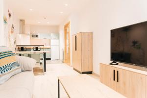 a living room with a large flat screen tv at APARTHOTEL SALBURUA in Vitoria-Gasteiz