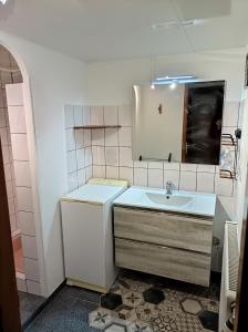 ein kleines Bad mit einem Waschbecken und einer Theke in der Unterkunft Gîte De La Belle Vallée in Cleurie