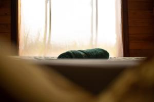 a green towel sitting on the floor in front of a window at Casa Atipika in Curanipe
