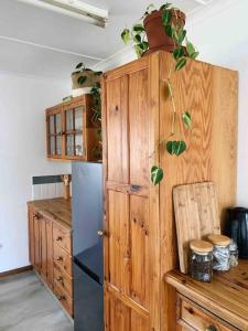 La cuisine est équipée d'un réfrigérateur et d'une armoire en bois. dans l'établissement Sweet & Simple Beach Cottage, à Jeffreys Bay