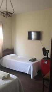 um quarto com duas camas e uma televisão na parede em CASA RAIZ cama, café e prosa em Ouro Preto