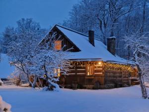 una cabaña en la nieve con luces de Navidad en Góralska Chata Bystre z 1863r en Istebna